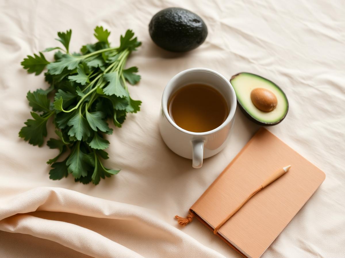 Herbal tea, fresh greens and avocado laid out for a hormone-feasting meal